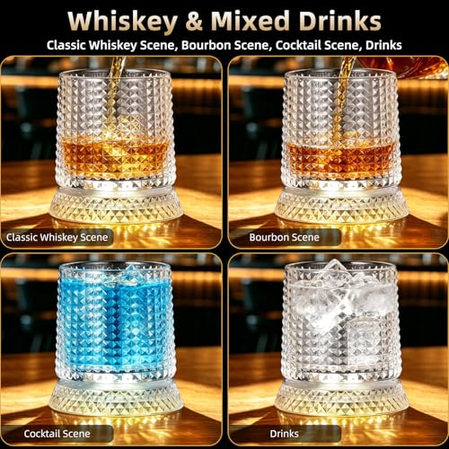 Luxury 360° Spinning Crystal Whiskey Glass Set Of 2, Rotating Old Fashioned Rocks Glasses & & 4 Color Lighting, Scotch & Bourbon, Cocktail Glasses for Bar, Party, Home and Gift (Grid) - color: Grid