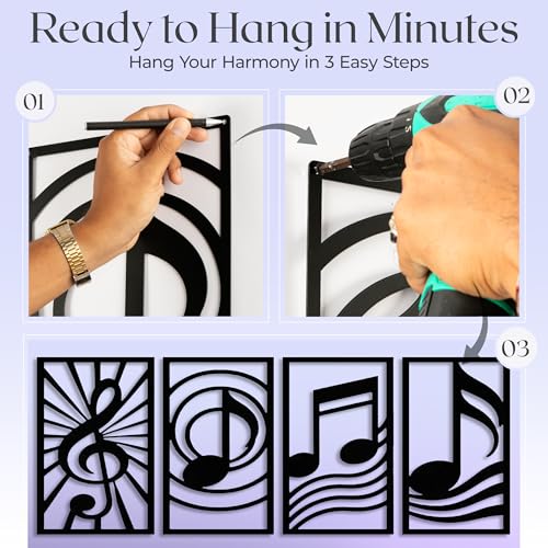 GALLERY GRACE 4-Pc Music Notes Metal Wall Art, Black Wall Decor Set | 11 x 16 In Metal Panels, Music Notes Wall Decor, Minimalist Style, Ready to Hang, for Living Room, Office, Studio or Bedroom - style: Modern Musical Art