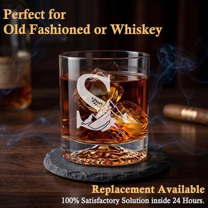 Personalized Whiskey Glass Gift Set for Men – Monogrammed Initial Rocks Glass with Slate Coaster, Wooden Box & Whiskey Stones, Birthday Father's Day for Him Dad Husband (S)