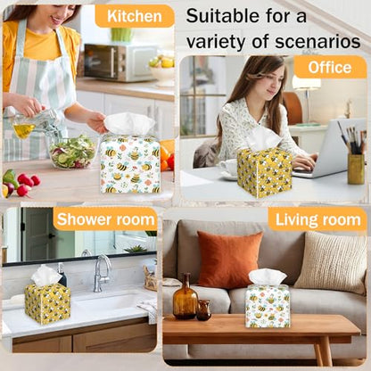 Bee 2 Pcs Tissue Box Cover Square, Cute Cartoon Bees Tissue Box Holder Waterproof Leather Facial Paper Organizer Dispenser for Bathroom Home Car Nightstand - color: Cartoon Bees