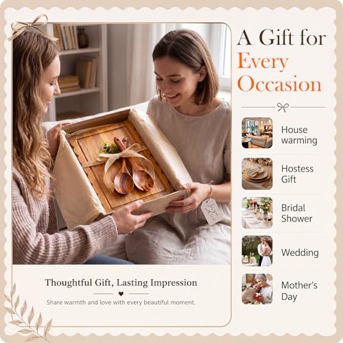 3 Pcs Housewarming Wedding Bridal Shower Kitchen Gift, Acacia Wood Scalloped Cutting Board with Salad Spoon Fork, Wooden Charcuterie Serving Tray Platter for New Home Party Table Decoration