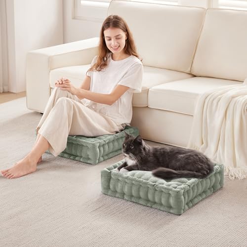 Intelligent Design Floor Pillow Meditation Cushion, 20x20 Desert Sage | Sitting for Adults Yoga, Shredded Foam Filled, Chenille Tufted Cover, Handsewn Scalloped Edge, OEKO-TEX Certified - color: Desert Sage