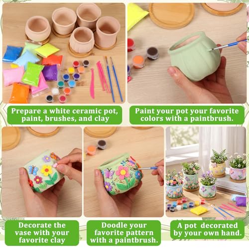 10 Pcs 3.5 Inch Mini Succulent Pots with Bamboo Tray Paint Your Own Ceramic Pot Craft Kit Ready-to-paint Small Planters Container with Drainage Hole Paint Set Clay Kit DIY Craft for Plant Lover