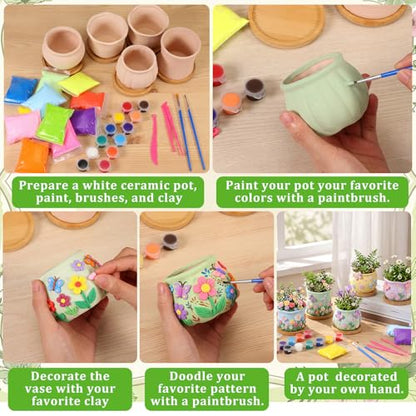 10 Pcs 3.5 Inch Mini Succulent Pots with Bamboo Tray Paint Your Own Ceramic Pot Craft Kit Ready-to-paint Small Planters Container with Drainage Hole Paint Set Clay Kit DIY Craft for Plant Lover