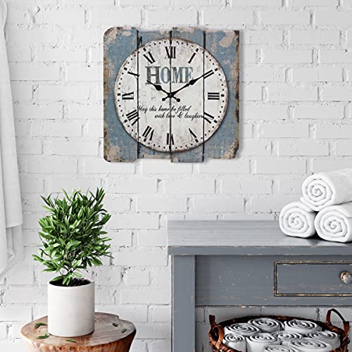 Stonebriar Square 15" Rustic Farmhouse Worn Blue and White Roman Numeral Battery Operated Wall Clock - color: Blue
