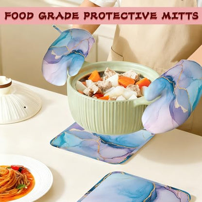 Golden Marble Pink Purple Blue Heat-Resistant Silicone Oven Mitts and Pot Holders,Long Oven Gloves with Non-Slip Grip for Cooking, Baking, Grilling,BBQ - color: Pink Purple Blue Golden Marble