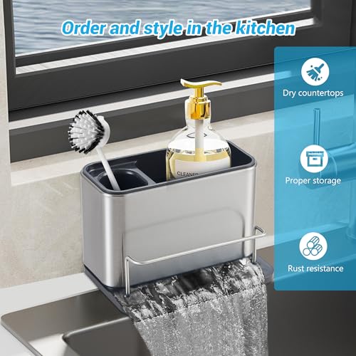 Kitchen Sink Organizer Stainless Steel, Stainless Steel Kitchen Sink Organizer, Compact Multi-Compartment Caddy for Sponges, Brushes & Cleaning Supplies, Rust-Resistant, Easy to Clean