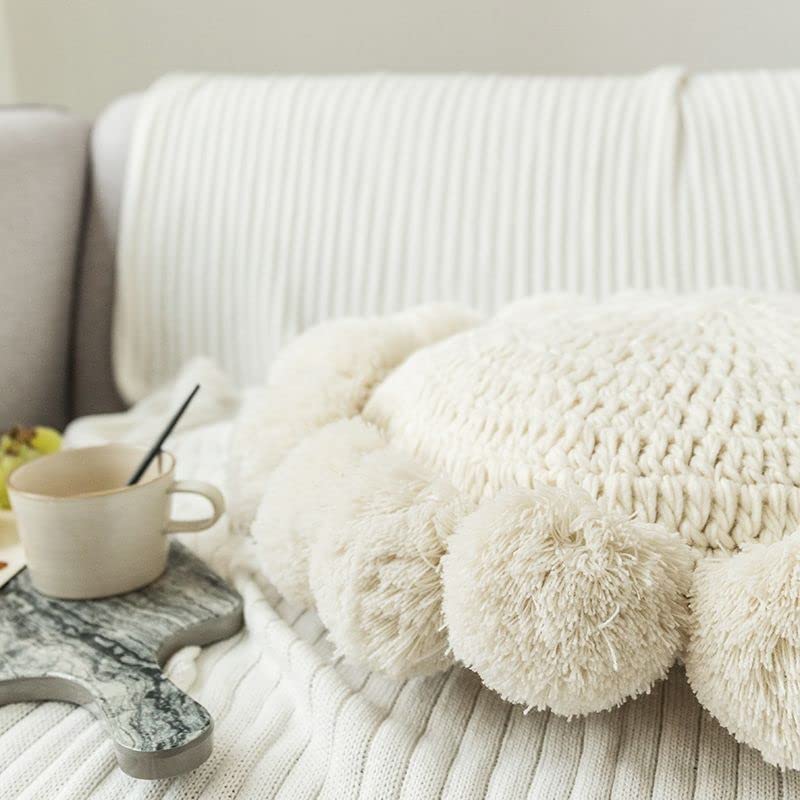 Knitted Throw Pillow Round Couch Pillow Sofa Cute Cushion Handmade Pompoms Decorative Plush Pillow (Beige, Diameter 18inches) - color: Beige