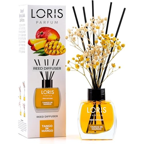 Loris Mango Reed Diffuser Set with Dried Flowers | Reed Diffusers for Home with Sticks | Bathroom Diffuser & Room Scent | Long-Lasting Home Fragrance | 120 mL / 4.06 fl oz - color: Mango