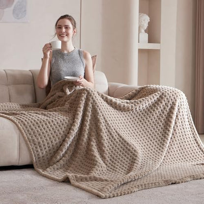 Soft Cozy Fuzzy Fleece Queen Size Blanket, Waffle Light Taupe, 90x90 Inches – Lightweight, Fluffy, and Warm 3D Jacquard All-Season Blanket for Bed, Couch, Sofa, Camping, and Travel - color: Waffle Light Taupe, size: Queen (90" x 90")