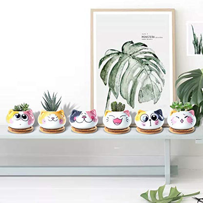 3.6Inch Cat Pot for Plant, Cat Planter Succulent Pot with Drainage Set of 6 | Tiny Animal Planter, Small Ceramic Air Plant Cat Flower Pots, Cactus Planters Containers with Bamboo Tray - color: Sitting Cats 6pcs