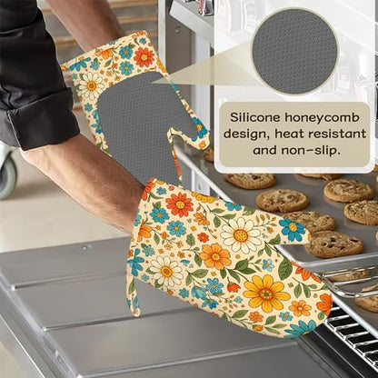 Retro 70s Boho Floral Oven Mitts and Pot Holders Sets of 4, Heat Resistant Silicone Oven Mitts Gloves Non-Slip Kitchen Mittens Potholders for Cooking Baking Grilling BBQ - color: Boho Floral