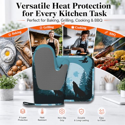 Wolves Howling in Night Heat-Resistant Oven Mitts and Pot Holder Full Moon Kitchen Non-Slip Silicone Cooking Microwave Gloves for Cooking Baking Grilling - color: Wolves Howling in Night