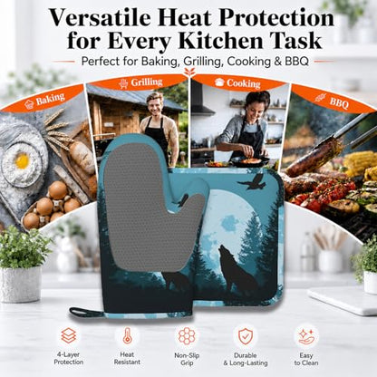 Wolves Howling in Night Heat-Resistant Oven Mitts and Pot Holder Full Moon Kitchen Non-Slip Silicone Cooking Microwave Gloves for Cooking Baking Grilling - color: Wolves Howling in Night