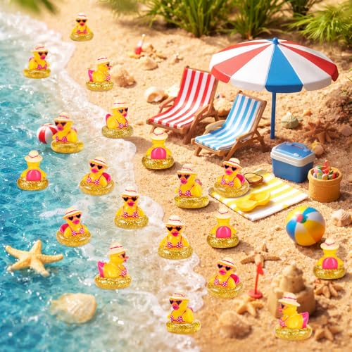 RoundFunny 50 Pcs Mini Ducks Bulk Resin Bikini Duck Figurines for Cruises | Miniature Duck for Summer Beach Pool Party Favors, Hawaii Duckies Figure for Dollhouse Hide DIY Craft, Garden Landscape Decor - style: Bikini Duck