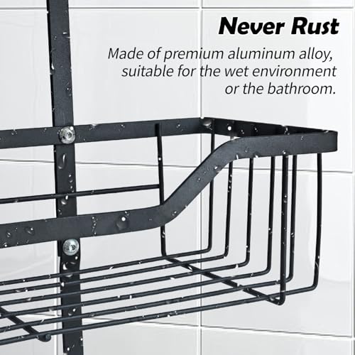 Shower Caddy Hanging, Rustproof Shower Organizer with Soap Basket and 12 Hooks, Large Capacity Anti-Swing Bathroom Organizer, Black