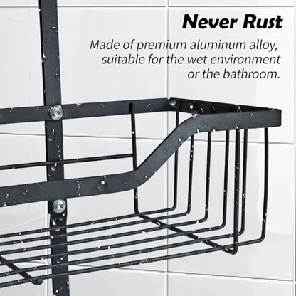 Shower Caddy Hanging, Rustproof Shower Organizer with Soap Basket and 12 Hooks, Large Capacity Anti-Swing Bathroom Organizer, Black