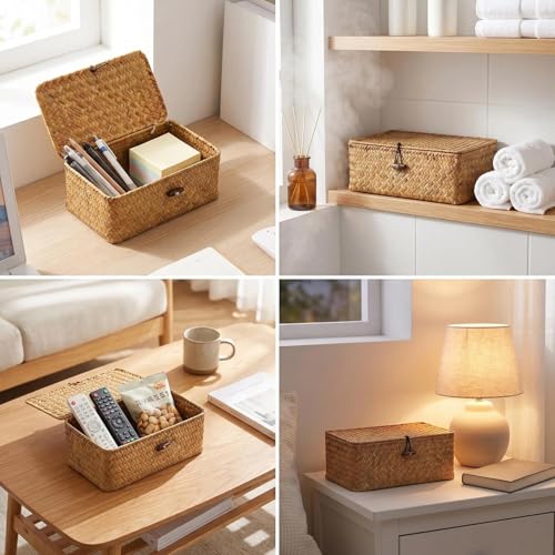 Wicker Handwoven Seagrass Storage Baskets for Organizing With Lids,boho rectangle decorative storage boxes, stackable natural rattan for Shelf,Closet,Bedroom,bathroom,three-piece set