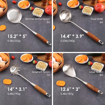 18/10 Stainless Steel Kitchen Utensils Set with RooseWood Handle | 15″ Metal Cooking Tools, 8-Pieces Cooking Spoons Set - Spatula, Ladle, Skimmer, Turner, Pasta, Solid Spoon, Slotted Spoon