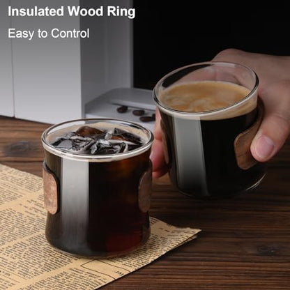 PARACITY Espresso Cups Set of 2 with Wooden Ring, 8 OZ High Borosilicate Espresso Shot Glass, Clear Small Expresso Shots Cup, Espresso Accessories | Clear borosilicate cup set -20°C to 150°C; wood bands limit heat transfer on the espresso shot glasses - s