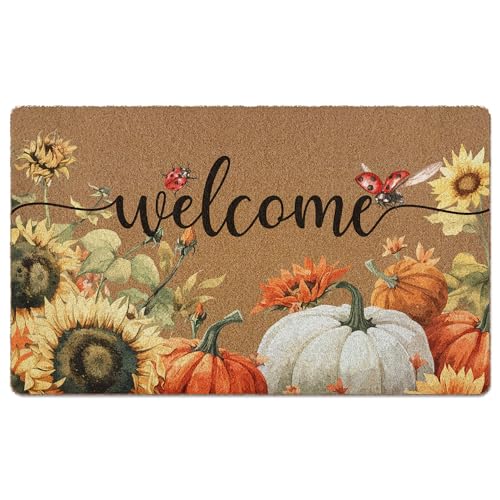 Fall Pumpkin Welcome Door Mat, Autumn Thanksgiving Welcome Front Door Mat Indoor Outdoor Entrance, Fall Pumpkin Sunflower Artificial Coir Doormats Rugs for Porch Entryway Decor 30x17in - color: Fall