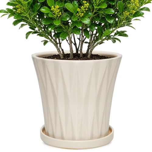10 Inch Ceramic Planters with Drainage Hole and Saucer,Indoor Outdoor Large Flower Pots, Garden Pot for Plant Lovers (White) - color: White, size: 10 Inch