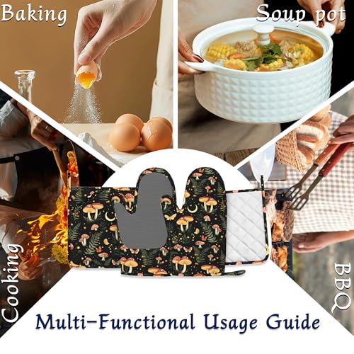 Boho Mushrooms Oven Mitts and Pot Holders Sets of 4 Wildflowers Butterfly Heat Resistant Silicone Oven Mits Gloves Non-Slip Kitchen Mittens Potholders for Cooking Baking Grilling BBQ - color: Boho Mushrooms,wildflowers Butterfly