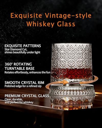 CEEFU 360° Spinning Whiskey Glasses Set with Gift Box, Set of 2 | Rotating Base (2 Crystal Glasses Set, 2 Big Ice Ball Molds) - Bourbon, Cocktail, Rocks, Gifts Ideas for Men, Gem Pattern - size: 9.5 oz-Snowflake Pattern