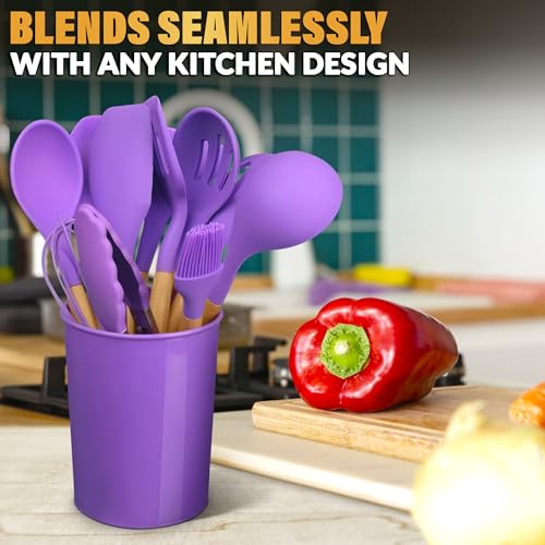 12 Pcs Purple Kitchen Accessories Set with Holder, Silicone Heads | Purple Kitchen Utensils Set for Cooking and Baking; Wooden Handles; Heat-Resistant up to 446°F; Non-Scratch for Nonstick Pans - color: Purple
