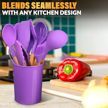 12 Pcs Purple Kitchen Accessories Set with Holder, Silicone Heads | Purple Kitchen Utensils Set for Cooking and Baking; Wooden Handles; Heat-Resistant up to 446°F; Non-Scratch for Nonstick Pans - color: Purple