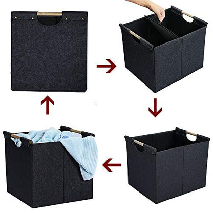HOONEX Large Collapsible Storage Bins, Linen Fabric, 2 Pack, Storage Baskets with Wooden Carry Handles and Sturdy Heavy Cardboard, for Home, Office, Car, Nursery, Dark Grey - color: Dark Grey