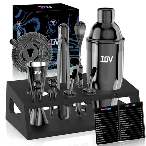 IOV Mixology Bartender Kit With Stand | 12-Piece Cocktail Shaker Set | 24oz Martini Shaker Set For Drink Mixing | Bar Set Includes All Bar Tools And Recipe Booklet | Fun Housewarming Gift (Black) - color: 12 Pcs - Black