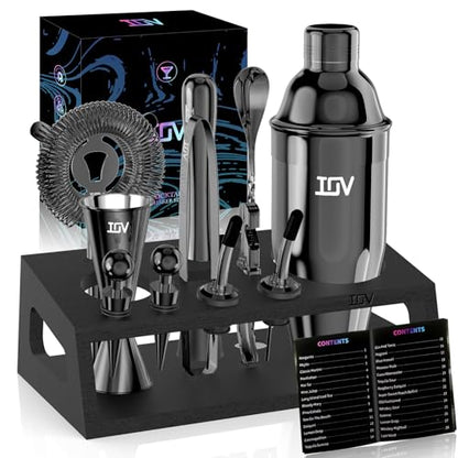 IOV Mixology Bartender Kit With Stand | 12-Piece Cocktail Shaker Set | 24oz Martini Shaker Set For Drink Mixing | Bar Set Includes All Bar Tools And Recipe Booklet | Fun Housewarming Gift (Black) - color: 12 Pcs - Black