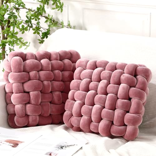 Wenqik 2 Pcs Knot Pillows Square Knotted Plush Throws Soft Accent Pillows Decoration Cushion for Couch Home Office Living Room Bedroom Bed Sofa Decor, 12'' x 13''(Pink Violet,Crystal Velvet) - color: Pink Violet