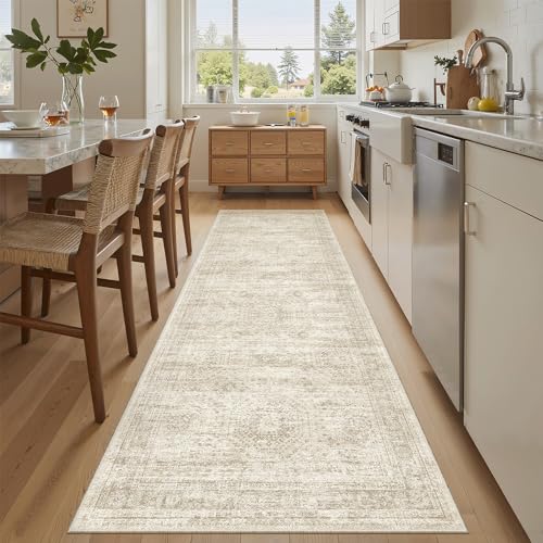 Soalmost Washable Runner Rug 2'6"x8' Kitchen Hallway Runners Beige | Soft Non-Slip 2.5x8ft Carpet for Entryway Bathroom, Low Pile Vintage Foldable Floor Mat for Corridor Laundry Room Bedroom - color: Beige, size: 2'6" x 8' (Runner)