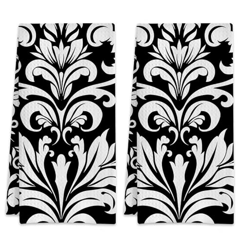 White Black Floral Modern Hand Towels Set of 2,Waffle Weave Soft Absorbent Kitchen Dish Towels,Decorative Bathroom Towel for Hotel Bath Gym Yoga 16"x24" - color: White Black Floral