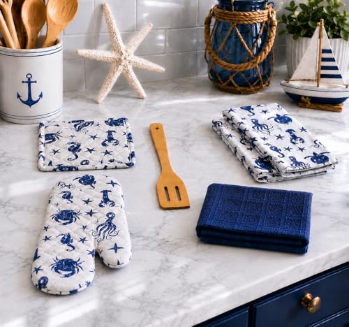 Summer Kitchen Pot Holder Oven Mitt Dish Towel Set: Fun Navy White Coastal Design, 5 pc Set (Coastal Blue) - color: Coastal Blue