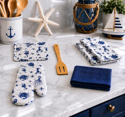 Summer Kitchen Pot Holder Oven Mitt Dish Towel Set: Fun Navy White Coastal Design, 5 pc Set (Coastal Blue) - color: Coastal Blue