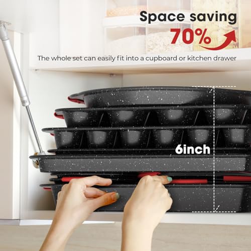 11-Piece Nonstick Stackable Baking Pans Set, Non Toxic Oven Pans, Red&Black | Toxin-Free Bakeware Sets, Baking Pan Set with Silicone Handles, Includes Cookie Sheets, Loaf Pan, Pizza Pan, Muffin Pan
