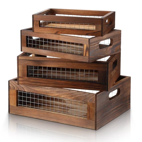 FillTouch 4 Pcs Wooden Nesting Countertop Baskets 4 Size Wooden Storage Box with Handle and Metal Wire Multipurpose Wood Organizer Crate for Fruit Vegetable Kitchen Cabinet Bathroom(Walnut,Small) - color: Walnut, size: Small