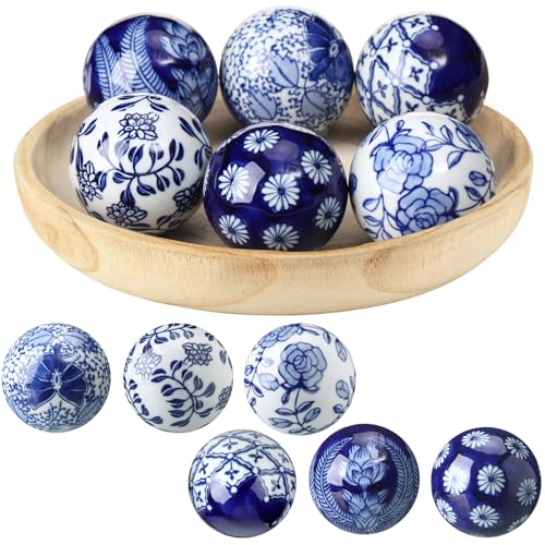 Vesici 6 Pcs Blue and White Ceramic Ball Decor,Pattern 2 | Chinoiserie Decorative Ball for Bowl Bulk Basket 2.36'' Vintage Floral Porcelain Orb Gift for French Country Table Decor