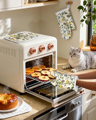 Miss Adola Cotton Oven Mitts and Pot Holders Sets, Lemon Songbird | Heat-resistant up to 350°F, Pure Cotton, Quilted Contact Surface, Stylish Design, with Hanging Loop, Ready to Gift Package - color: Lemon Songbird