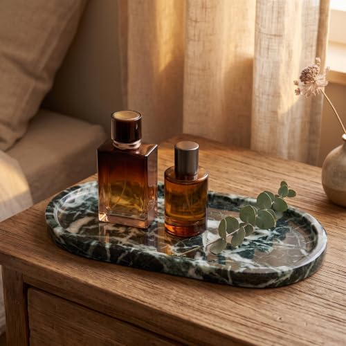 YKAJO Snowflake Green Oval Marble Tray, 11.8x5.9 Vanity Perfume Organizer | Honed natural stone; jewelry & trinket dish, ring & key holder, soap & candle catchall; bath counter, dresser, coffee table - color: Snowflake Green, size: 11.8" x 5.9" x 0.6"