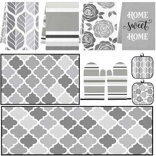 10 Pcs Kitchen Decor and Accessories Set, Floral Rose | Geometric Sweet Home 4 Dish Towels Kitchen Rugs 2 Oven Mitts 2 Pot Holders, Home Decor for Cooking Baking BBQ Housewarming - color: Grey Rose