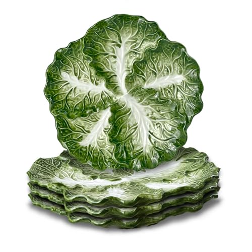 KXZ 4-piece Green Ceramic Cabbage Plates, 8-inch. For desserts, dinner, etc. Microwave & dishwasher safe. Ideal for kitchen tableware, decoration & dining. - color: Green, size: 8Inch*8Inch