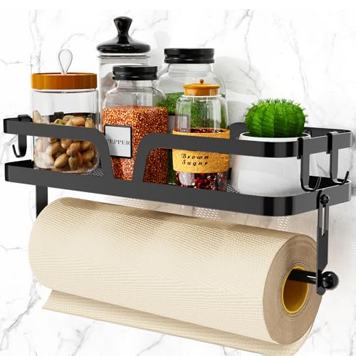 Taozun Paper Towel Holder with Shelf, Kitchen Paper Holder Spice Rack Black Paper Towel Roll Holder RV Paper Towel Rack with 4 Hooks(2 Installation Methods - Self-Adhesive and Drilling) - style: SP004 Black