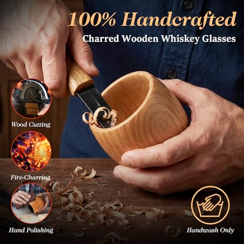 Charred Wooden Bourbon Drinking Glass Set with Whiskey Ice Stones & Tongs, 2 Pack 10oz Oak Wooden Bourbon Glass, Artisan Oak Whiskey Cups for Bourbon Lovers, Unique Whiskey Gift for Dad, Men, Husband