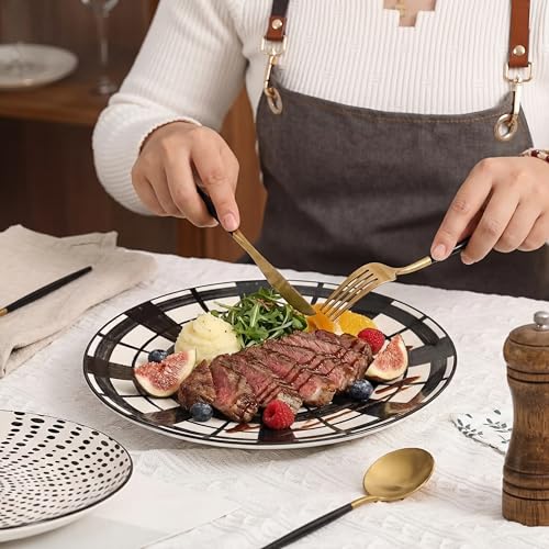 AHX Dinner Plates Ceramic Plate Set - 10 Inch Large Porcelain Round Plate Sets of 6 - Flat Modern Black Pattern Dining Plates for Kitchen | Family - Dishwasher | Microwave | Oven Safe - size: 10 inch