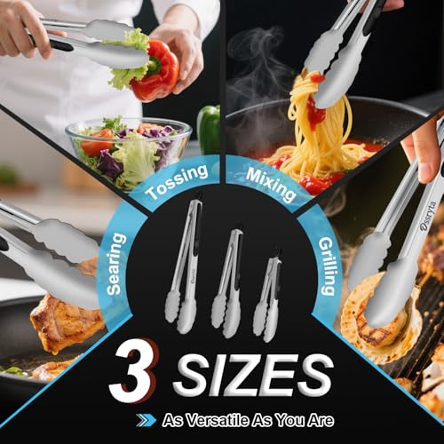 Stainless Steel Cooking Tongs Set of 3 - Heavy Duty 12/9/7 Inch Locking Tongs, Heat Resistant to 600 Degrees, Food Grade Kitchen Metal Tong for Food, Salad, & BBQ - Dishwasher Safe - color: Silver 3 Pieces, size: 7+9+12 inch