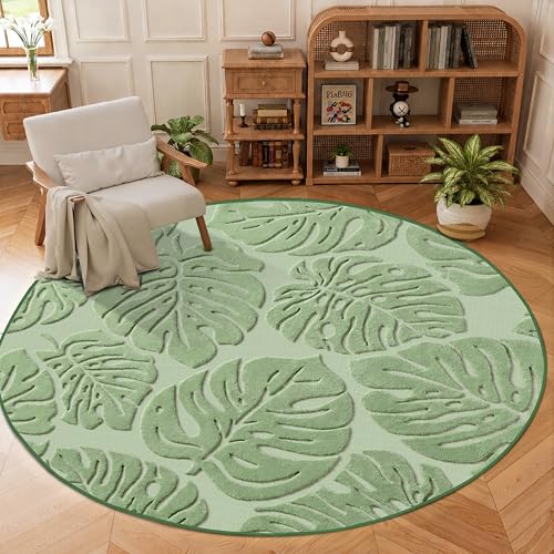 Sage Green Monstera Round Area Rug 6x6, High-Low Plush Pile Washable Rugs for Living Room Bedroom, Tropical Non Slip Nursery Carpet Soft Indoor Shag Rugs for Dining Room - color: Green, size: 6' x 6' (Round)